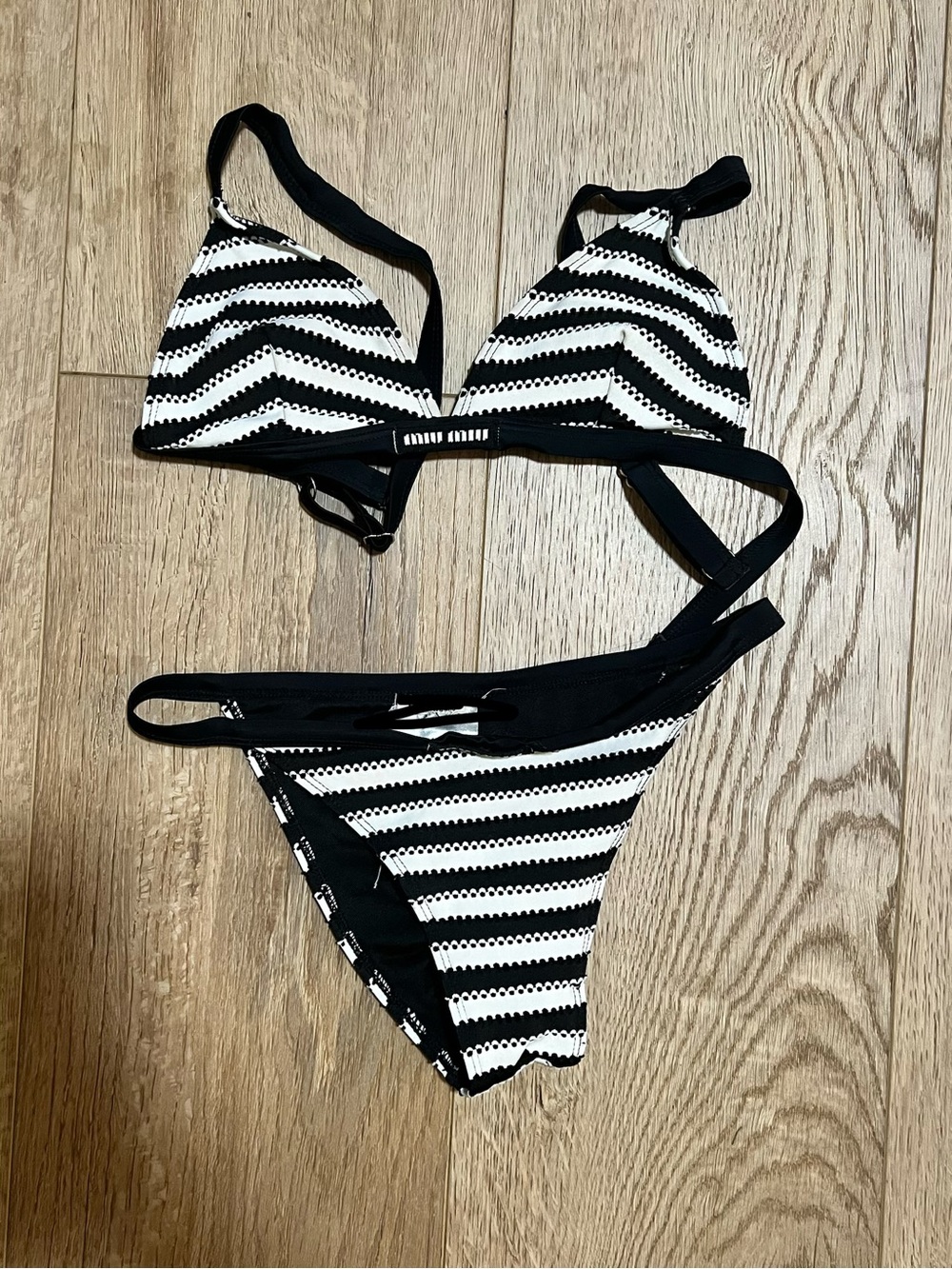 Miu Miu Black and White Striped Triangle Bikini Set